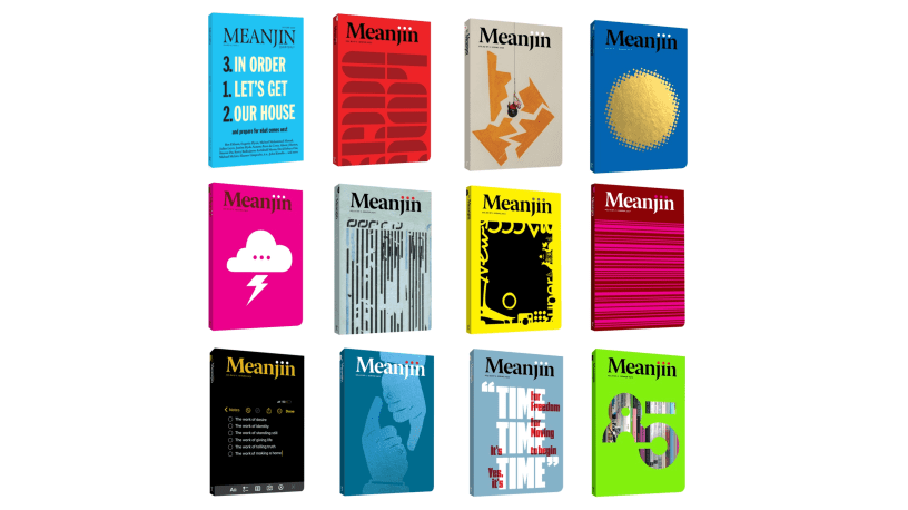 The covers of each of the twelve issues of Meanjin edited by Esther Anatolitis.